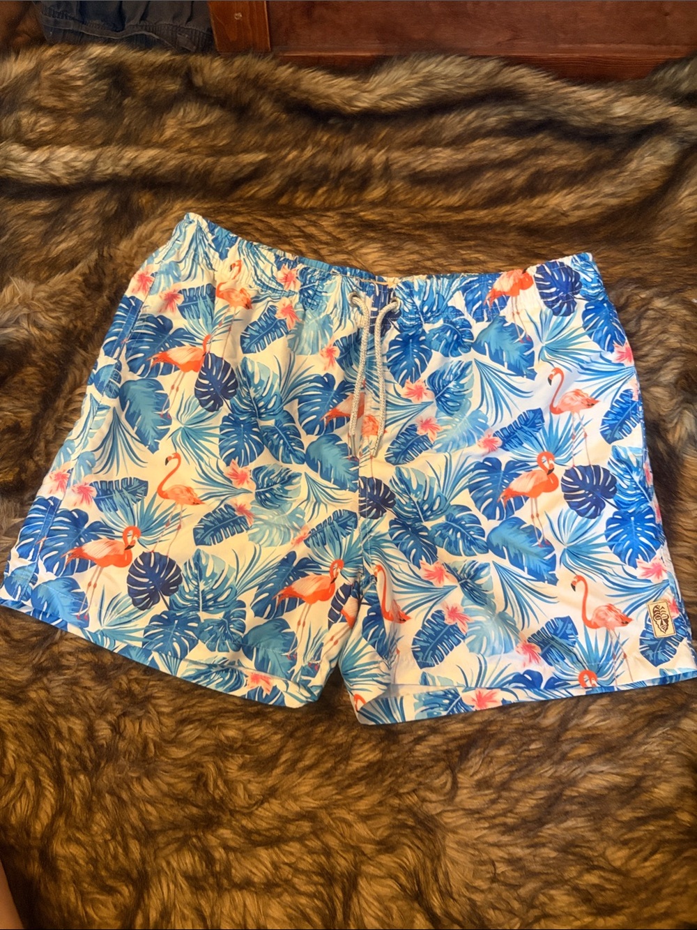 Men's Tropical Flamingo Swim Trunks - Blue & Pink Size large
